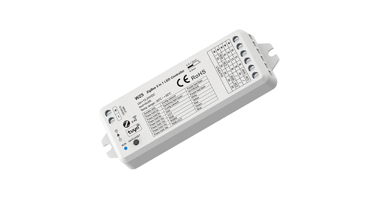 White-cased WZ5 Zigbee 5-in-1 LED controller with screw terminals