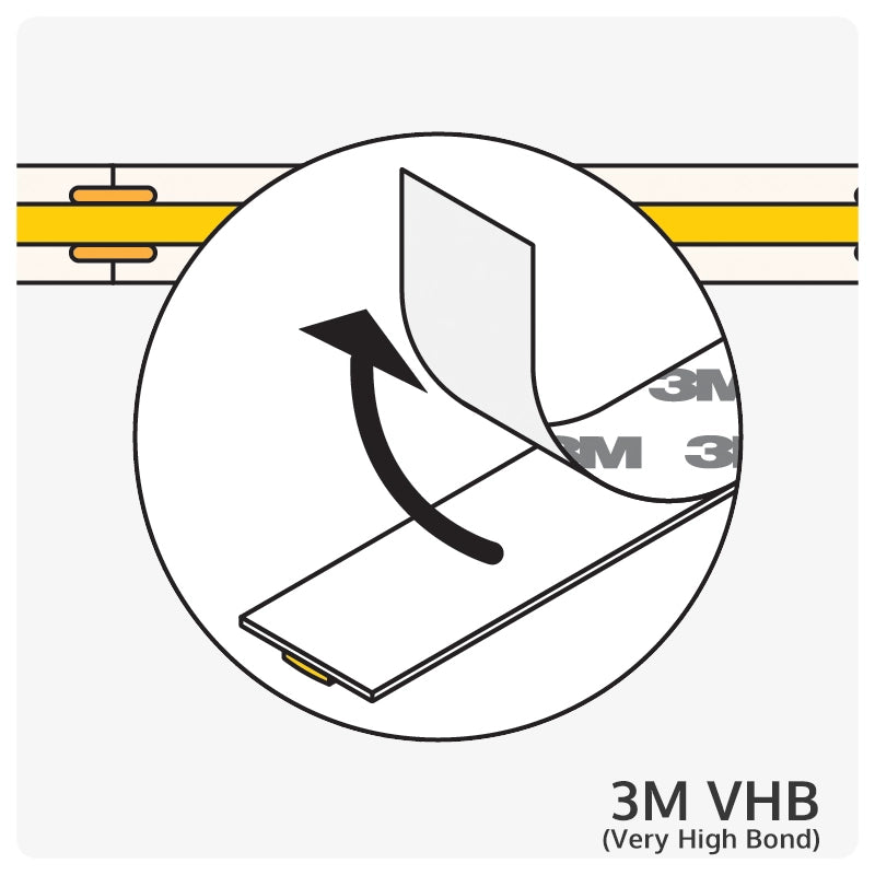 Close up of LED strip mounting tape and connectors with 3M VHB label.