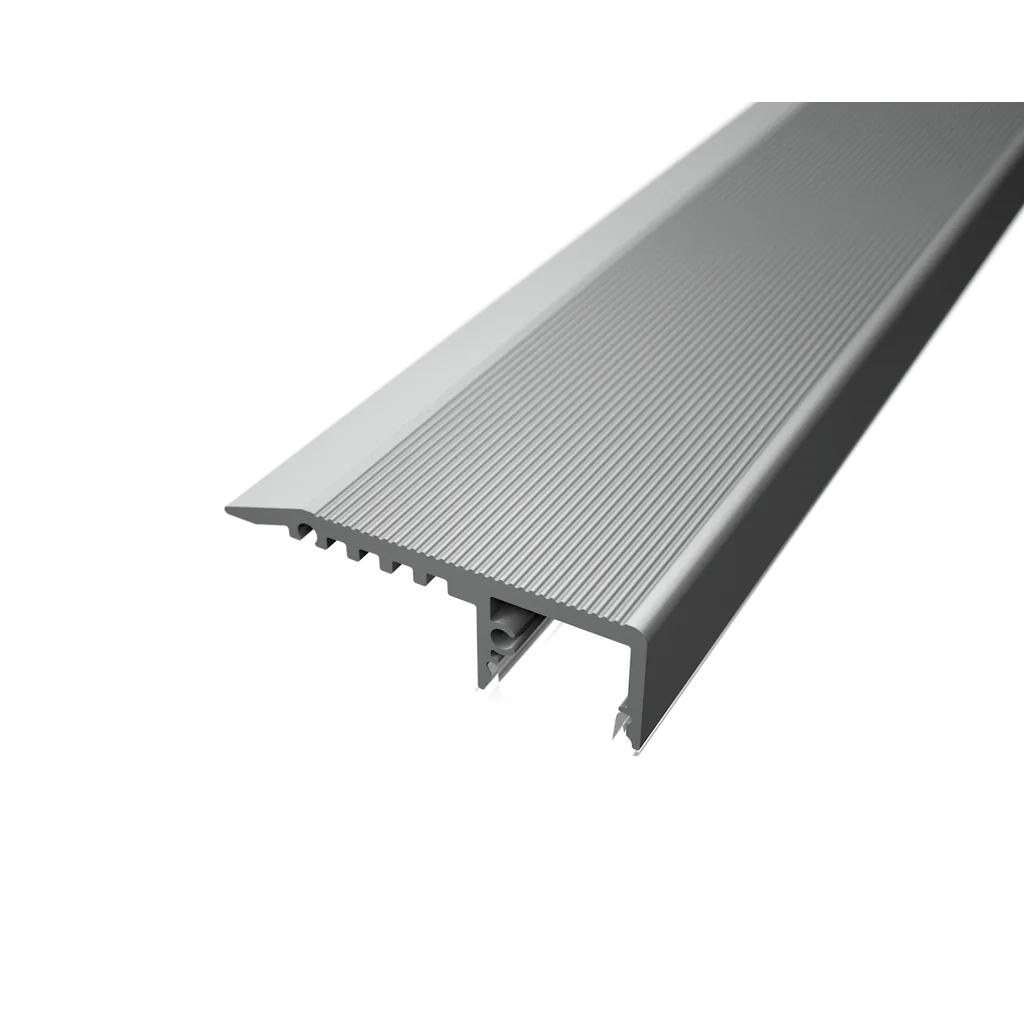 ALU24 aluminium stair-nose profile showing its textured surface and recessed lighting channel
