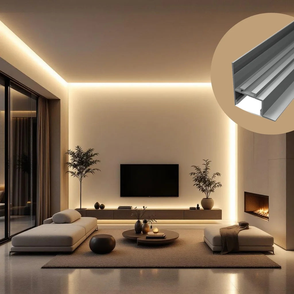 ALU70 profile lighting concept around a living-room ceiling and media wall
