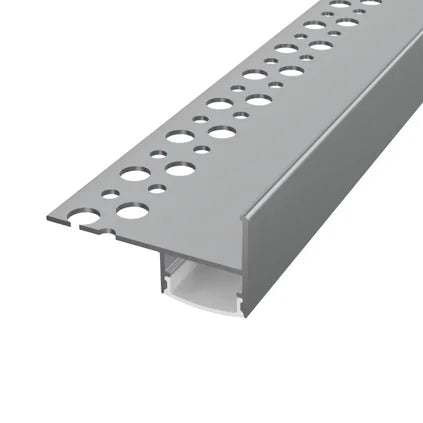 ALU76 plaster-in LED profile showing its perforated flange and recessed lighting channel
