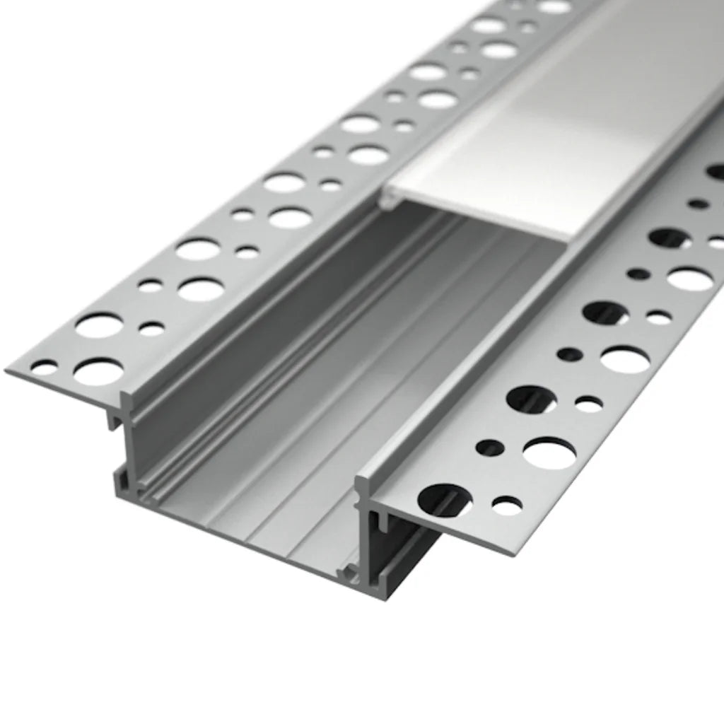 ALU80 wide plaster-in LED profile with perforated mounting flanges and a diffuser
