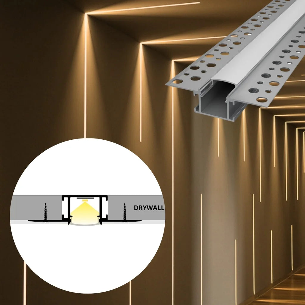 Hallway with continuous ceiling and wall lighting, shown with ALU81 profile installation details