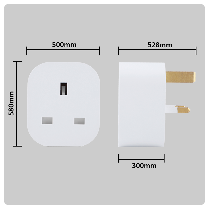 Angled view of a white HALO Smart Plug showing rounded square shape and two outlet slots