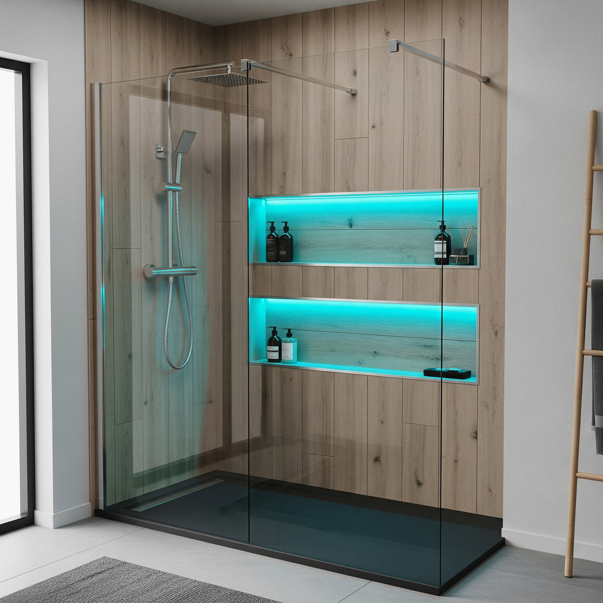 Concealed lighting illuminating a recessed bathroom shelf