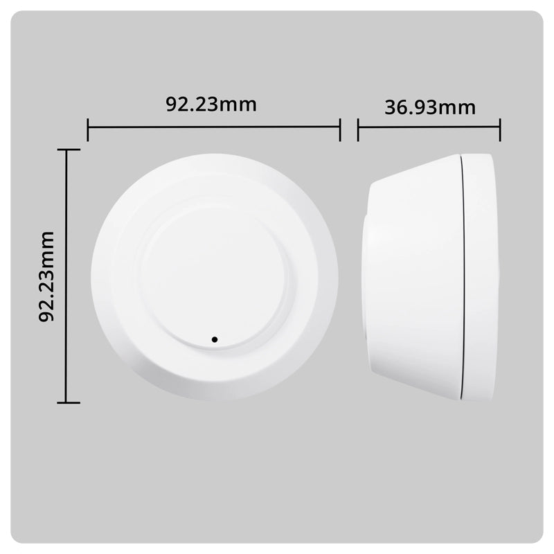 HALO 240V Presence Sensor dimensional diagram showing top and side views with 92.23 mm diameter and 36.93 mm depth.