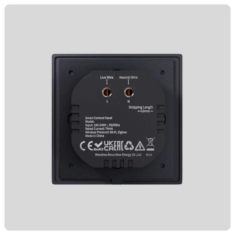 Back of HALO Hub Mini showing live and neutral terminal connectors and wiring labels