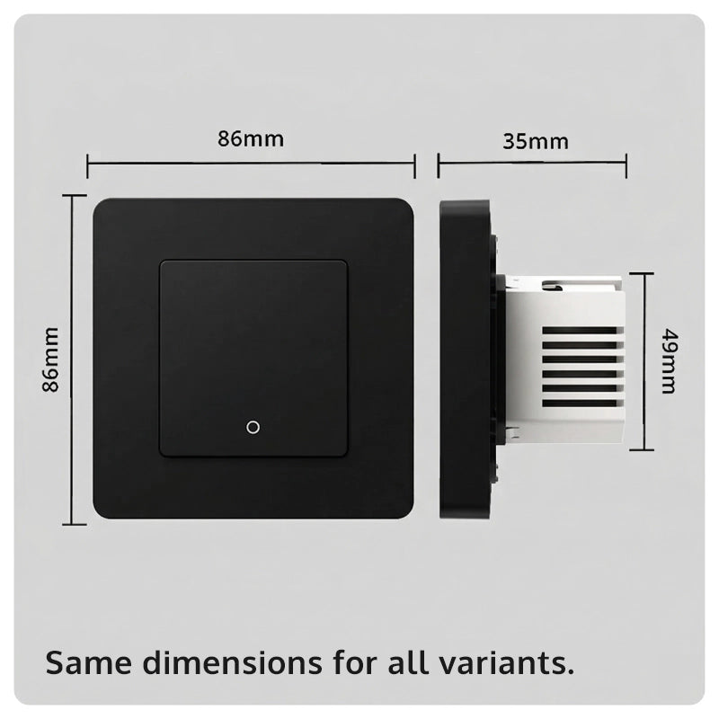 HALO Smart Switch dimensional diagram showing front view 86 mm square and side depth 49 mm