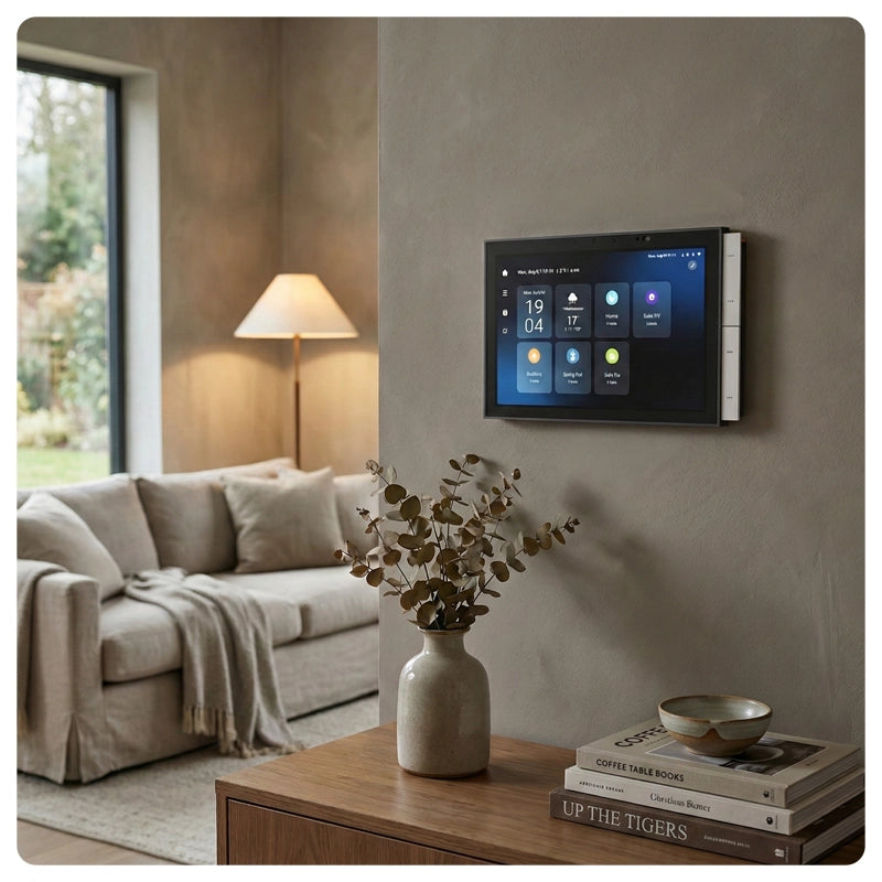 HALO Hub Max wall mounted smart control panel with built in Zigbee hub in a modern living room