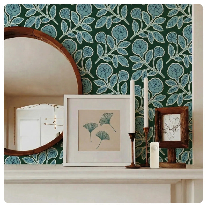 HALO Hub Max Full-Home shown on a mantel among framed art and teal floral wallpaper