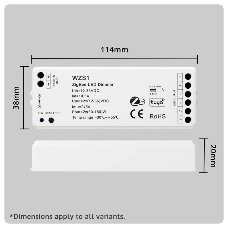 WZS1 ZigBee LED Dimmer module with dimension diagram showing 114mm by 38mm