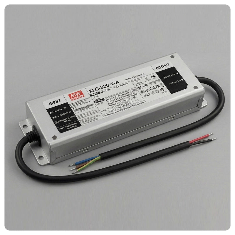 320W Mean Well XLG-320-V-A metal power supply with input and output cables.