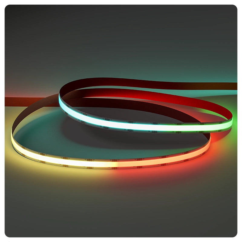 Glowing RGB LED strip loops in multiple colors on a dark background