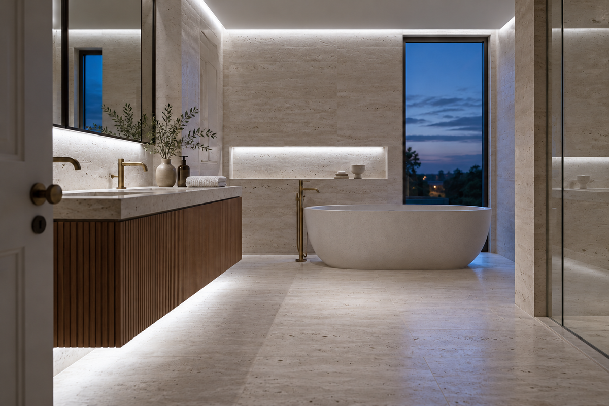 Lighting concept of the travertine bathroom with cool white light