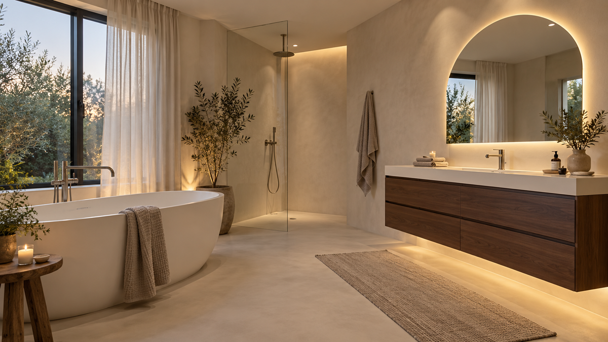 Lighting concept of a pale microcement bathroom with a bath, walnut vanity and arched mirror