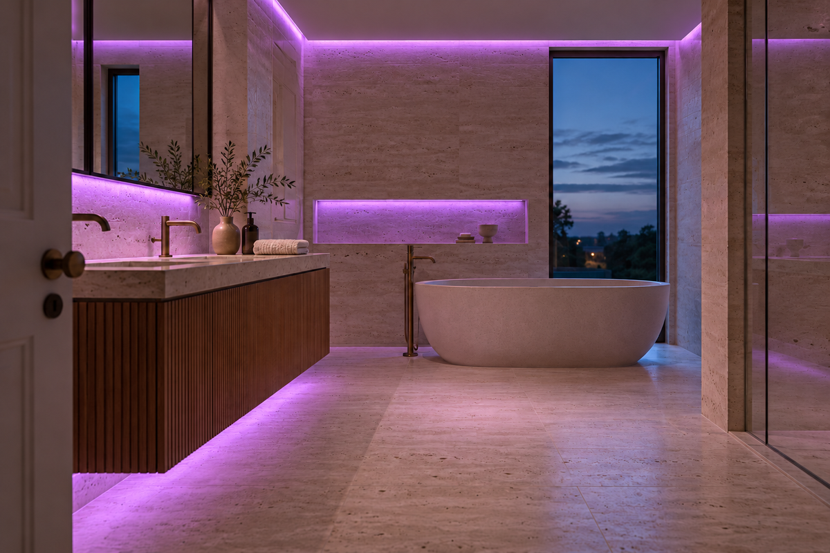 Lighting concept of the travertine bathroom with violet RGB light