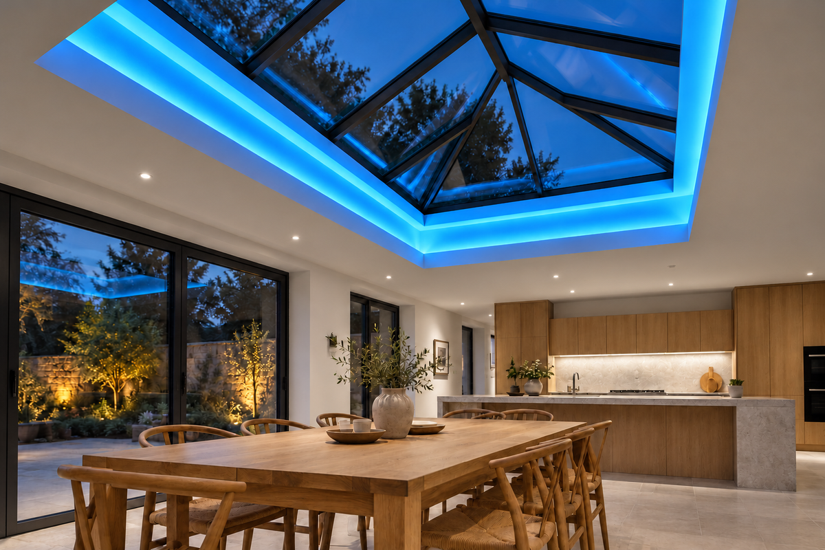 Lighting concept of the roof lantern above a kitchen with blue RGB light
