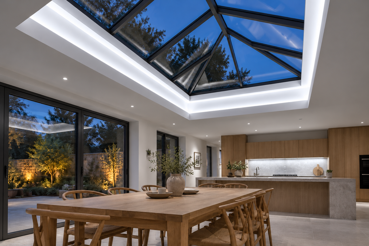 Lighting concept of the roof lantern above a kitchen with cool white light