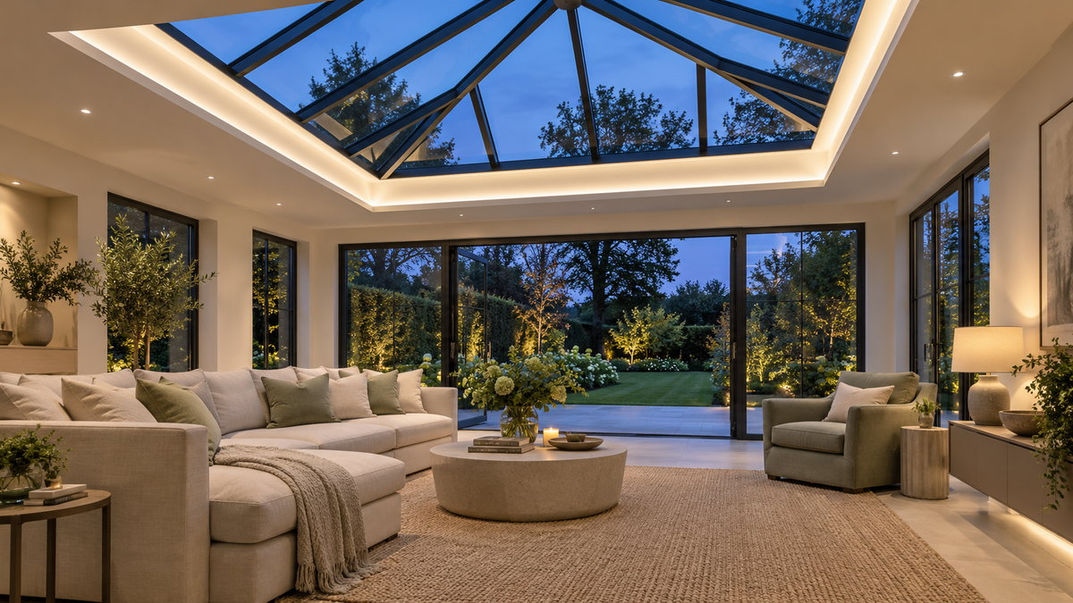 Lighting concept of a lounge and orangery with a glazed roof lantern, seating and a garden view