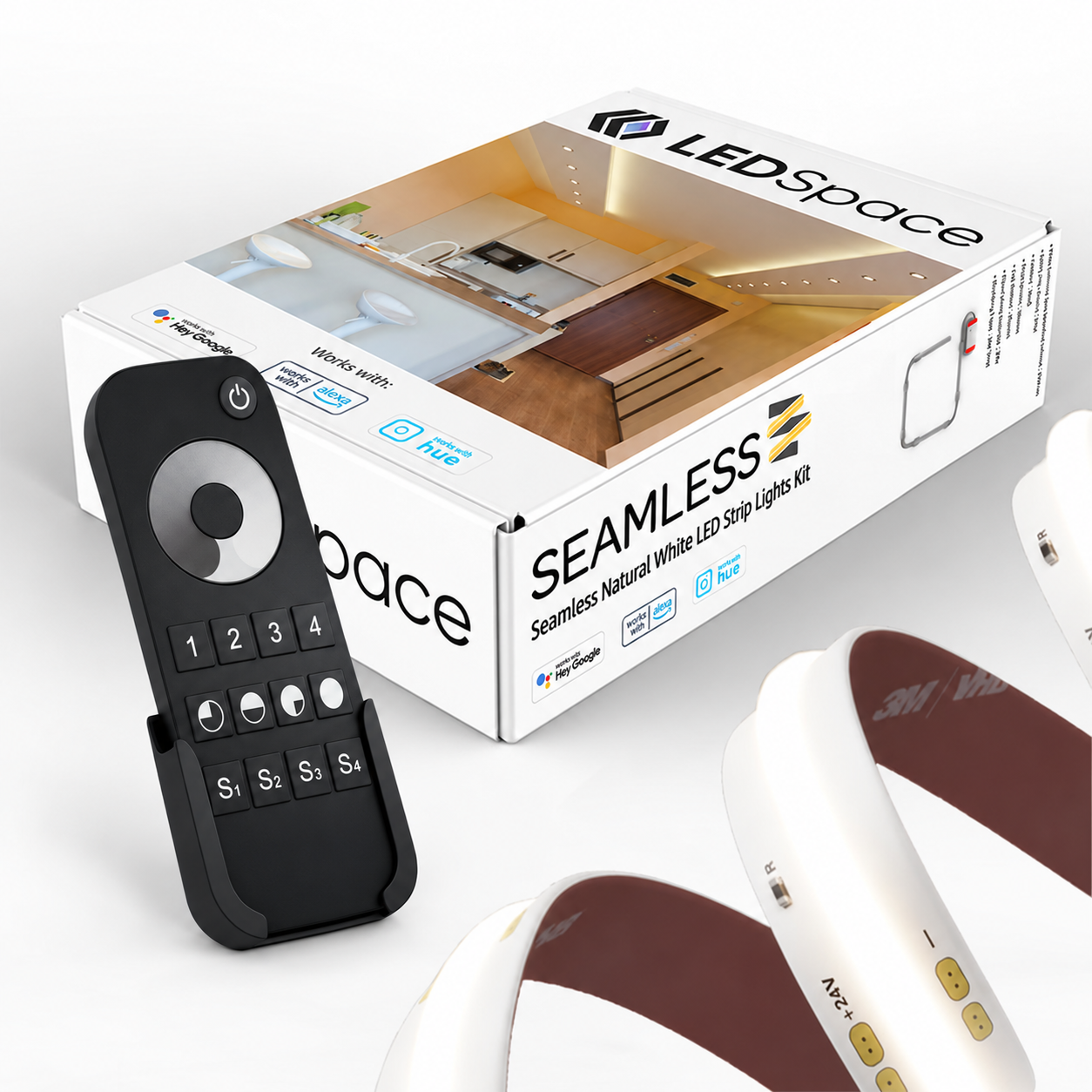 Seamless natural white LED strip pack with LEDSpace box and black four-zone dimming remote in its wall cradle