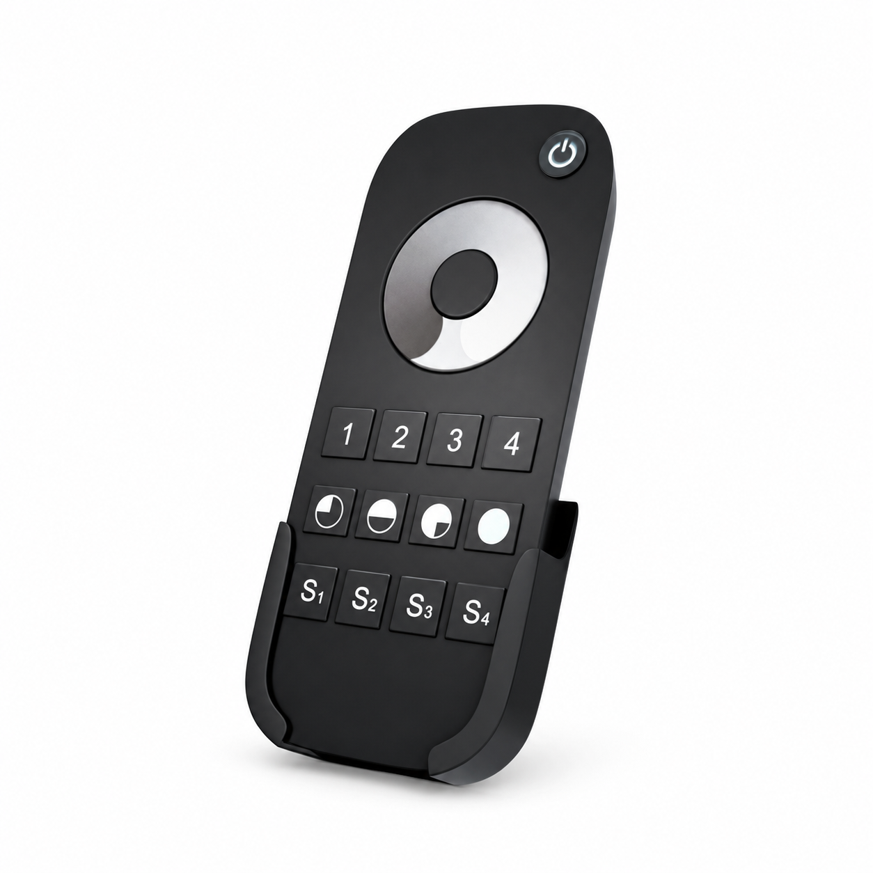 Black single-colour LED strip dimming remote with brightness wheel, four zone buttons and wall cradle