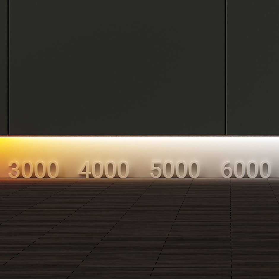 Black wall cabinets with a glowing Kelvin temperature scale at the base from 3000K to 6000K.