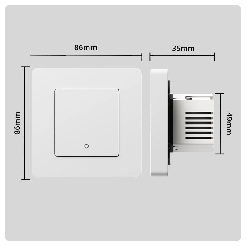 White HALO Smart Switch dimension diagram showing front and side views with measurements