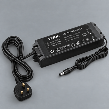 Black VIVOE LED power supply with UK plug lead and DC output cable