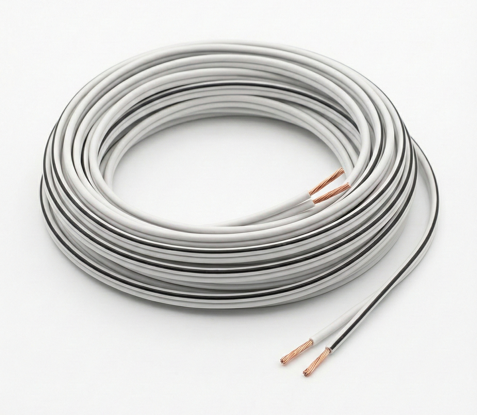 Coiled white 0.75mm two core cable with exposed copper conductors at the ends.