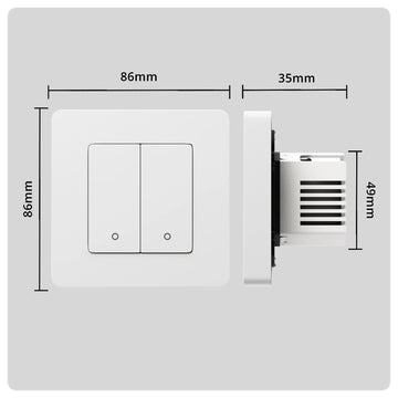 HALO Smart Switch white wall plate with two toggles and a side view showing 49mm depth