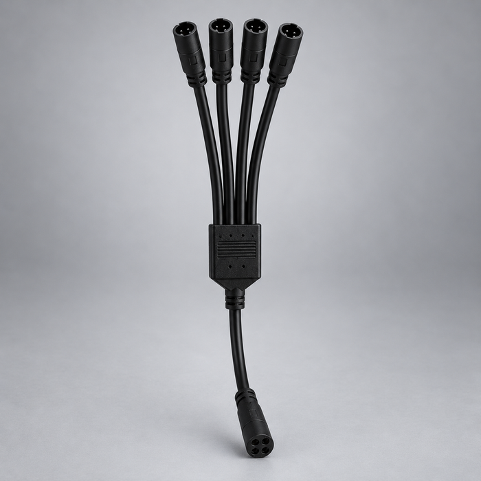 Black four-way LED splitter cable showing its plug and four socket ends