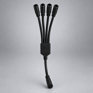 Black four-way LED splitter cable showing its plug and four socket ends
