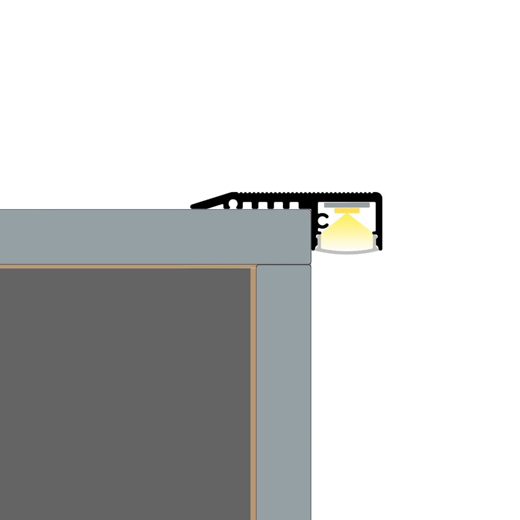 ALU24 stair-nose profile fitted over a step edge with downward LED lighting