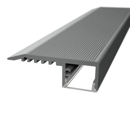ALU24 stair-nose LED profile showing its textured tread and recessed lighting channel