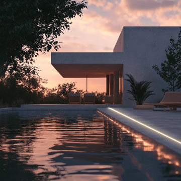 Modern outdoor terrace at dusk with illuminated floor edges