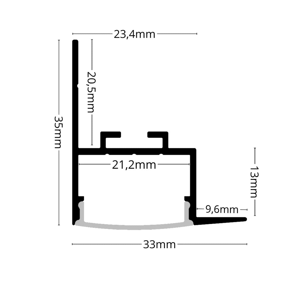 ALU70 recessed-edge LED profile cross-section with labelled dimensions