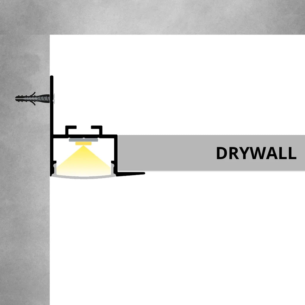 ALU70 profile installation cross-section at a wall and drywall ceiling junction