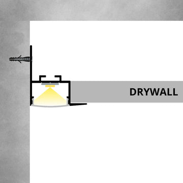 ALU70 profile installation cross-section at a wall and drywall ceiling junction