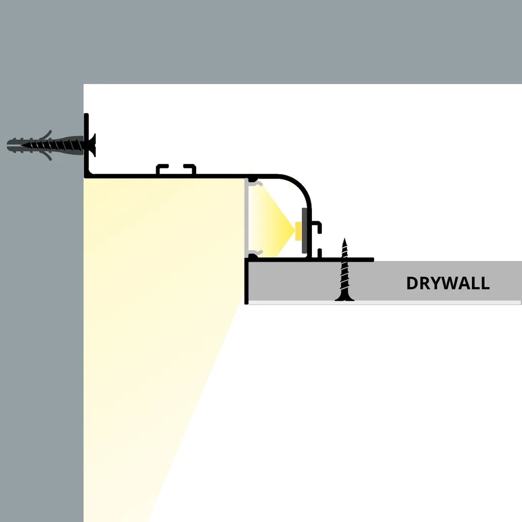 ALU71 wall and drywall installation cross-section showing the indirect light path