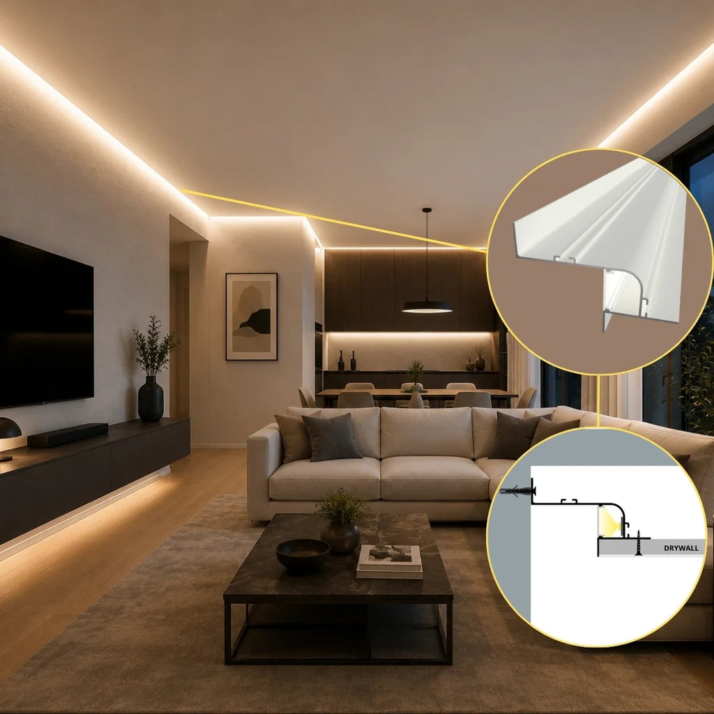 ALU71 shadow-gap lighting concept around a living-room ceiling with profile detail