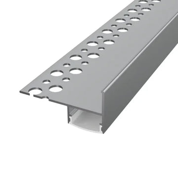 ALU76 plaster-in LED profile showing its perforated flange and recessed lighting channel