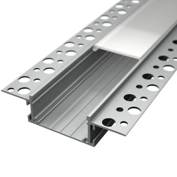 ALU80 wide plaster-in LED profile with perforated mounting flanges and a diffuser