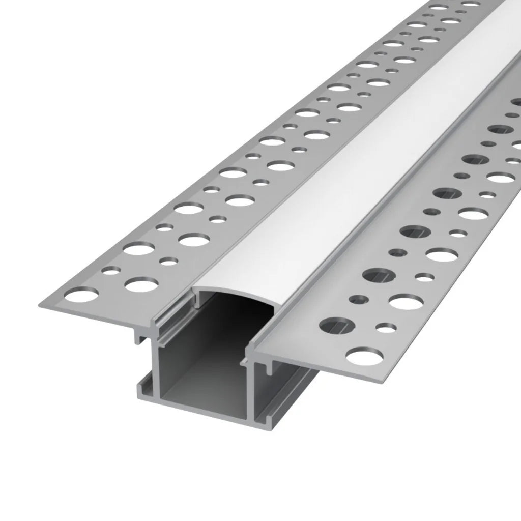 ALU81 narrow plaster-in LED profile with perforated mounting flanges and a diffuser