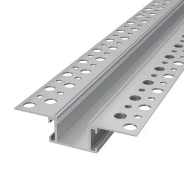 ALU81 narrow plaster-in LED profile showing its open channel and perforated mounting flanges
