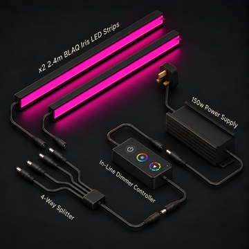 BLAQ IRIS two-strip slat-wall lighting kit showing strips, power supply, controller and splitter