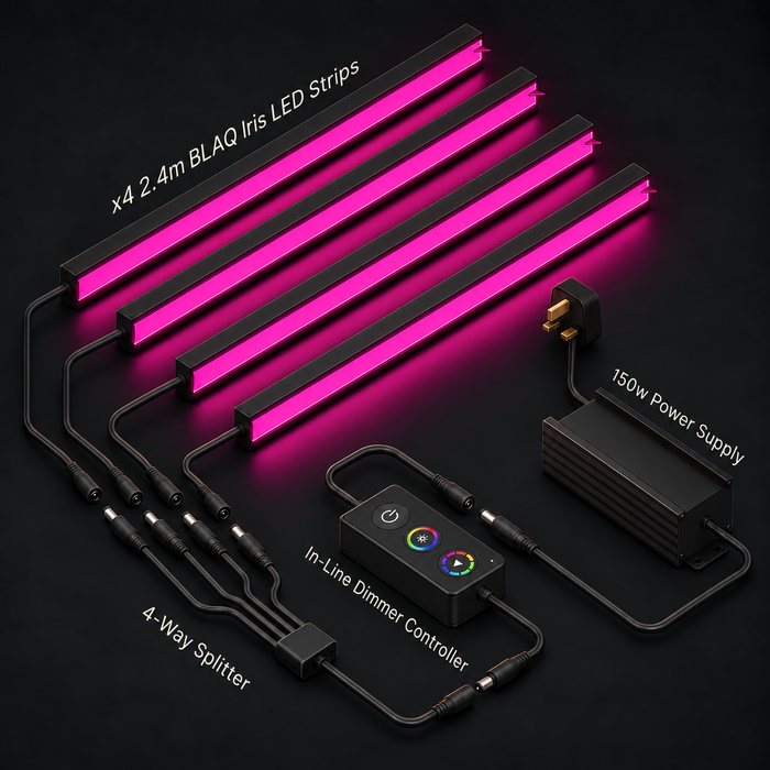 BLAQ IRIS four-strip slat-wall lighting kit showing strips, power supply, controller and splitter