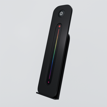 Black RGB LED remote control with a vertical colour slider and matching holder