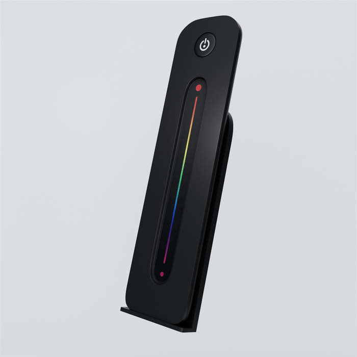 Black RGB LED remote control with a vertical colour slider and matching holder