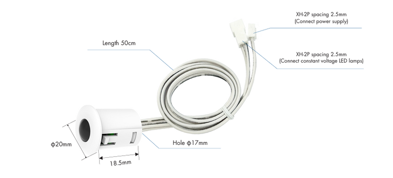 White PIR motion sensing switch module with 50 cm cable and two pin connectors
