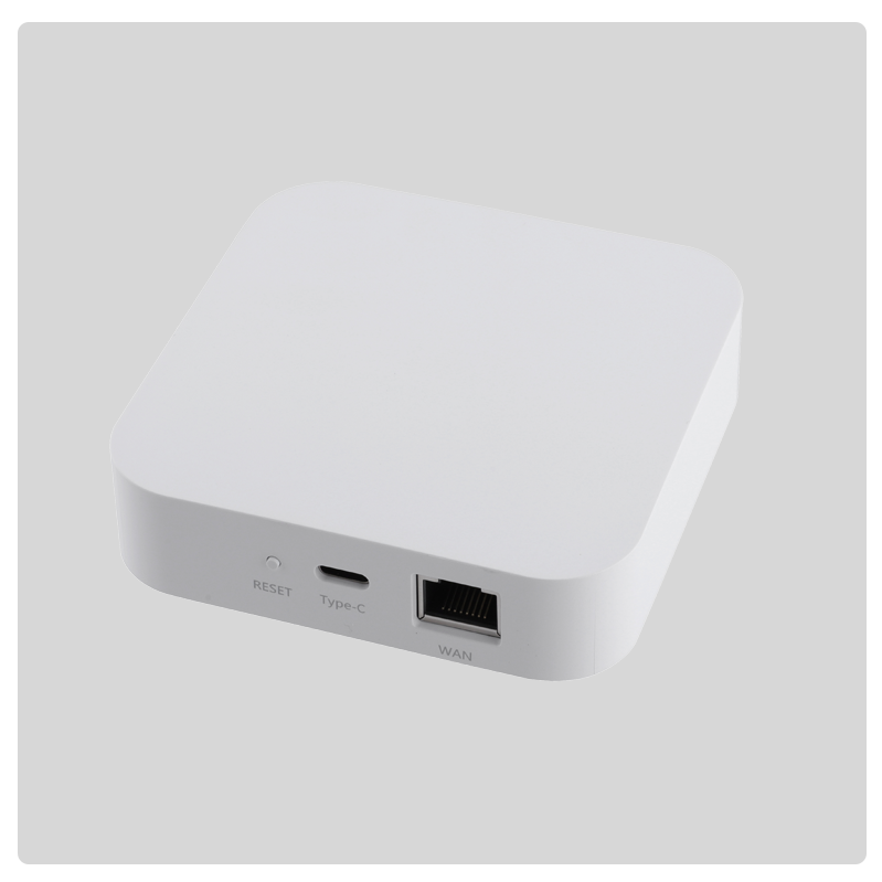 HALO Zigbee Gateway top view with reset button Type-C port and WAN Ethernet port